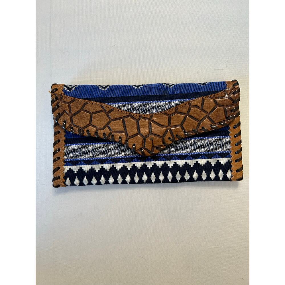 Handmade‎ Wallet Faux Leather Canvas Blue White Brown